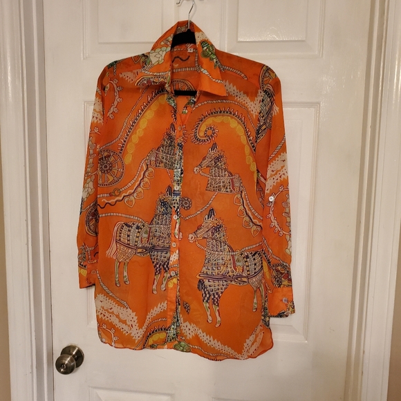 Women's orange colorful button up top. - Picture 1 of 2